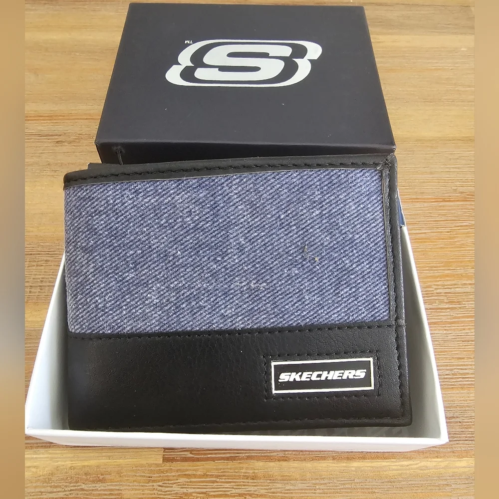 NEW SKECHERS Mens Denim & Leather Bi-Fold Wallet